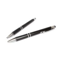 Dwa czarne, metalowe długopisy z końcówką do ekranów dotykowych