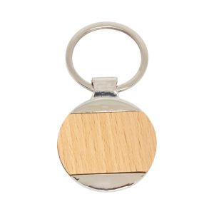 Brelok drewniany, reklamowy M005, drewniany brelok z metalową obwódką i drewnianym środkiem