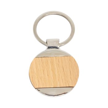 Brelok drewniany, reklamowy M005, drewniany brelok z metalową obwódką i drewnianym środkiem