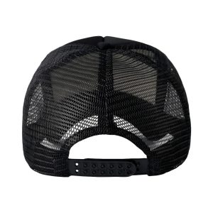 Tył czapki z daszkiem typu Trucker, 5-panelowa, biała z czarną siateczką i regulacją