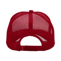 Tył czapki z daszkiem typu Trucker, 5-panelowa, biała z bordową siateczką i regulacją