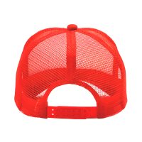 Tył czapki z daszkiem typu Trucker, 5-panelowa, biała z neonowo pomarańczową siateczką i regulacją