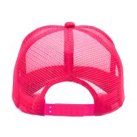 Tył czapki z daszkiem typu Trucker, 5-panelowa, biała z neonowo różową siateczką i regulacją