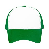 Przód czapki z daszkiem typu Trucker, 5-panelowa, biała z zieloną siateczką i regulacją