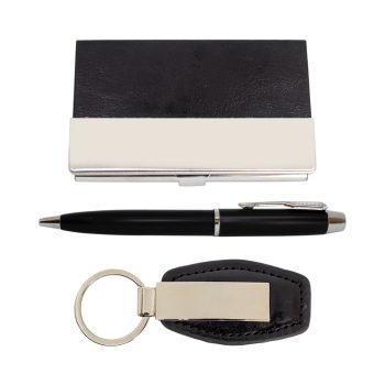 Czarny zestaw biurowy z wizytownikiem, długopisem i brelokiem