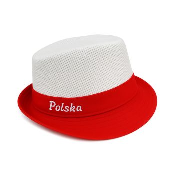 Kapelusz biało-czerwony haftowany napis POLSKA z siateczkową górą, czerwonym rondem i napisem Polska