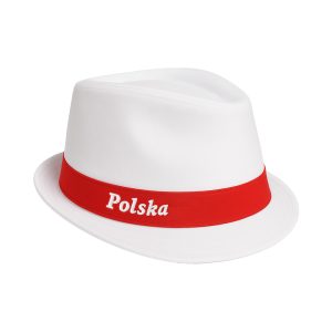 Biały kapelusz typu fedora z czerwonym paskiem i napisem Polska