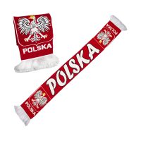 Szalik kibica Polska w barwach biało-czerwonych z godłem i hasłami, zakończony frędzlami