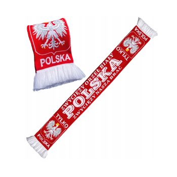 Szalik patriotyczny 150 x 18 cm ELASTIC-08 w barwach biało-czerwonych z godłem i hasłami, zakończony frędzlami