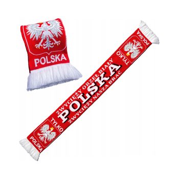 Szalik patriotyczny 150 x 18 cm ELASTIC-09 w barwach biało-czerwonych z godłem i hasłami, zakończony frędzlami