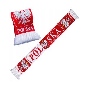 Szalik patriotyczny Polski ELASTIC-10 w barwach biało-czerwonych z godłem i hasłami, zakończony frędzlami