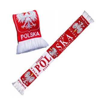 Szalik patriotyczny 150 x 18 cm ELASTIC-10 w barwach biało-czerwonych z godłem i hasłami, zakończony frędzlami