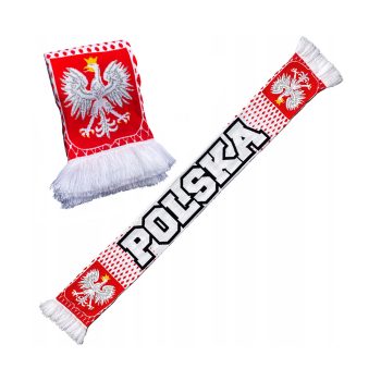 Szalik patriotyczny Polski ELASTIC-11 w barwach biało-czerwonych z godłem i hasłami, zakończony frędzlami