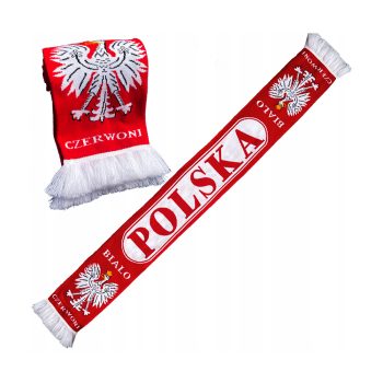 Szalik kibica Polska w barwach biało-czerwonych z godłem i hasłami, zakończony frędzlami